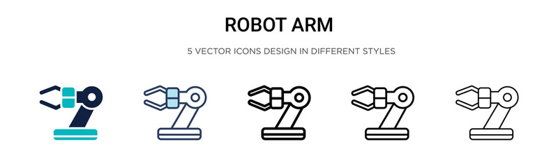 Robot arm icon in filled, thin line, outline and stroke style. Vector illustration of two colored and black robot arm vector icons designs can be used for mobile, ui, web