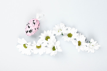 Easter egg in flowers on a white background. on the background. View from above. Spring Easter.