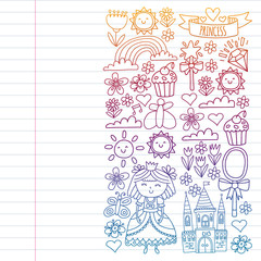 Princess illustration for happy birthday party. Children illustration. Vector pattern for little girls.