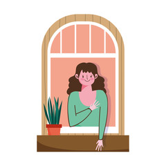 stay at home, coronavirus covid 19, woman looking at window with icon plant in pot decoration