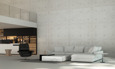 Modern tropical white living room interioir design and double space area and concrete wall background and sea view