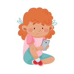 Little Girl Sitting with Smartphone Feeling Unhappy Vector Illustration
