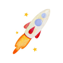 Cute watercolor spaceship isolated on white. Hand drawn illustration. Space flight. Colorful rocket in childish style. Cosmic travel on high speed. Astronomy theme. Retro futuristic element