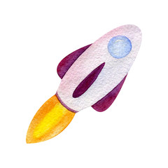 Hand painted flying rocket isolated on white background. Colorful simplified spaceship. Single object