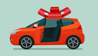 New compact hatchback car as a gift. Vector flat style illustration.