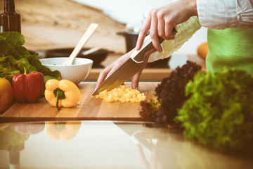 Unknown human hands cooking in kitchen. Woman slicing yellow bell pepper. Healthy meal, and vegetarian food concept