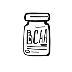 Complex of amino acids bcaa for sports nutrition in a jar with the name. Vector illustration isolated on a white background. Sports nutrition for a fitness blog.
