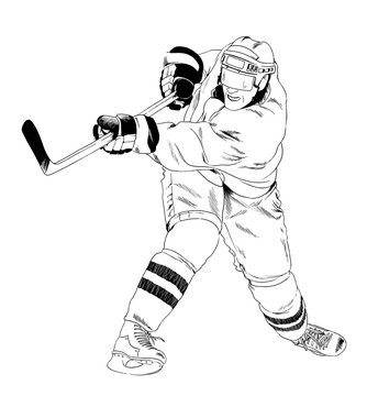 Hockey Player Drawn With Ink On A White Background