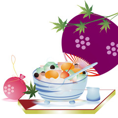 みつまめに青葉に水ヨーヨーやうちわのイラストカット素材夏らしいイメージ