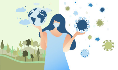 Woman holding the globe in one hand and Coronavirus in other. Thinking of our future. Covid-19 epidemic is our world. Stay safe. Flat vector illustration. 
