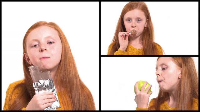 Charming school girl eating sweets. Close-up of foxy haired girl with green eyes. Isolated, on white background, collage