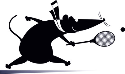 Funny rat or mouse plays tennis illustration. Cartoon rat or mouse plays tennis black on white
