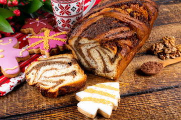 Cute Christmas gingerbread desserts, Authentic Christmas Brunch. Colorful and happy table, food  and sweets display. Fresh Food Buffet Brunch Catering Dining Eating Party Sharing Concept