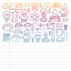 Back to school icons for posters, banners, covers. Kids, children education. Internet lessons, e-learning, online course. Vector pattern.