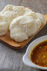 Cireng bumbu rujak. indonesian traditional food made from tapioca flour is given spices such as garlic, salt, pepper and is cooked by frying.