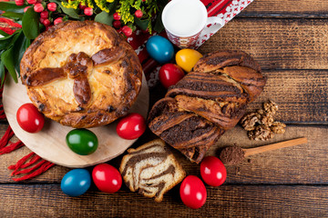 Traditional Romanian Easter table, homemade sweetbread