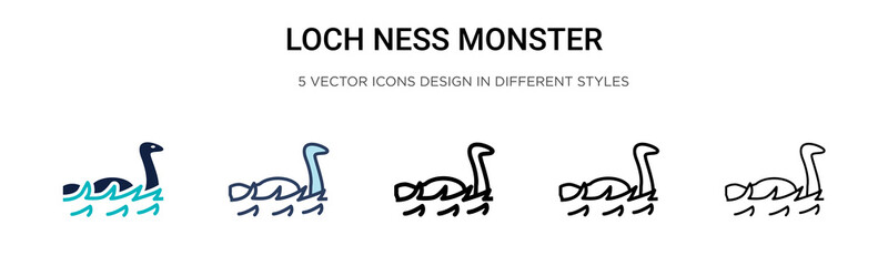 Fototapeta premium Loch ness monster icon in filled, thin line, outline and stroke style. Vector illustration of two colored and black loch ness monster vector icons designs can be used for mobile, ui, web