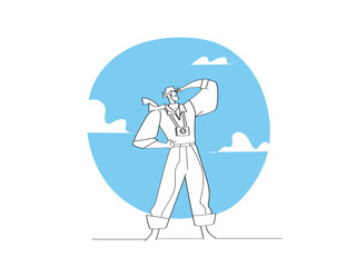 Avventuriero, viaggiatore, esploratore con la macchina fotografica che guarda oltre l'orizzonte