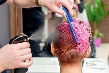Fototapeta premium Hands of hairdresser are sprinkling water on pink hair of woman.