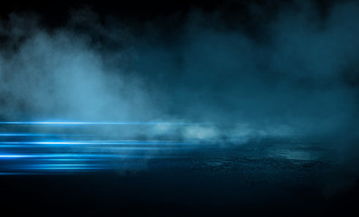 Dark street, wet asphalt, reflections of rays in the water. Abstract dark blue background, smoke, smog. Empty dark scene, neon light, spotlights. Concrete floor