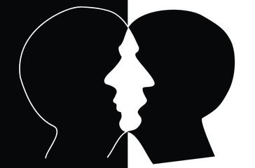 two heads people crossing silhouetts on black ang white  background
