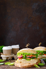 Sandwiches with homemade ciabatta bread, salted salmon fish, feta cheese, cucumber, onion and fresh lettuce salad, italian cuisine