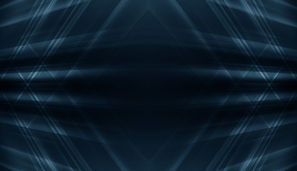 Abstract blue neon background with rays and lines. Reflection of light in the dark. Tunnel in blue neon light, underground passage. Abstract blue background. Background of an empty black corridor