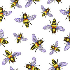 Decorative trendy bee seamless pattern. Hand drawn vector illustration of geometric ornamental colorful wasps. Isolated on white background. Insect doodle. Cartoon