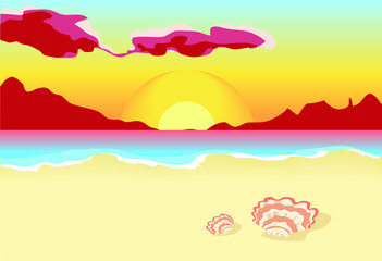 exotic panorama landscape sunset sky sun hot summer day beach with shells ocean sea pink clouds romantic 