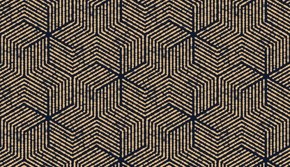 Abstract geometric pattern with stripes, lines. Seamless vector background. Gold and dark blue ornament. Simple lattice graphic design