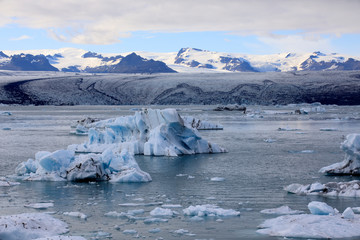 Jokulsarlon / Iceland - August 29, 2017: Ice formations and icebergs in Glacier Lagoon, Iceland, Europe