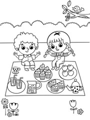 Coloring page in picnic theme. Leisure time activity for kids.