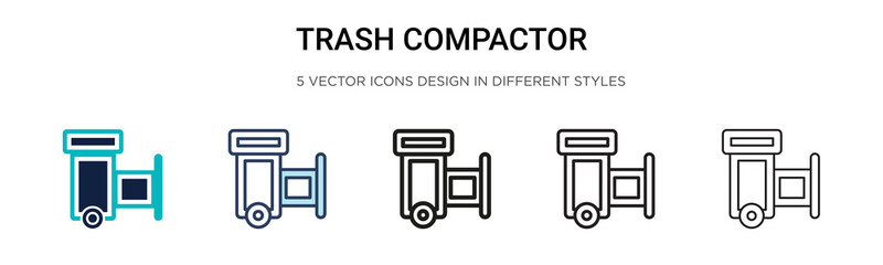 Trash compactor icon in filled, thin line, outline and stroke style. Vector illustration of two colored and black trash compactor vector icons designs can be used for mobile, ui, web