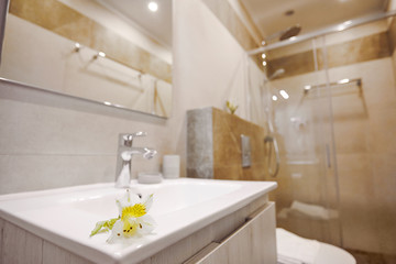 White ceramic washbasin, glossy metal faucet and a delicate white flower lying on the edge of the washbasin