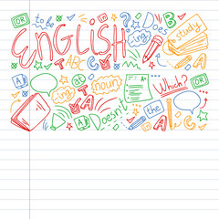 English courses. Doodle vector concept illustration of learning english language.