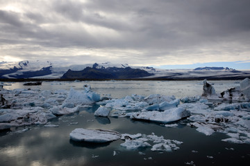 Jokulsarlon / Iceland - August 29, 2017: Ice formations and icebergs in Glacier Lagoon, Iceland, Europe
