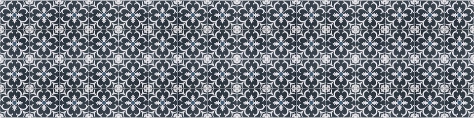 Dark blue gray white vintage retro geometric square mosaic motif cement tiles with flower blossom print texture background banner panorama