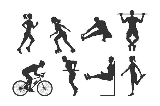 Black silhouettes of fitness people. Outdoor sport. Young active men and girls. Isolated athletic image