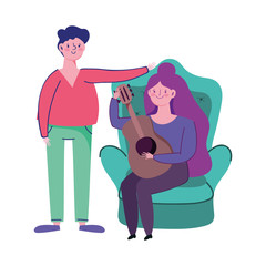 couple with guitar in living room, quarantine stay at home