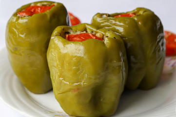 Turkish style stuffed green Pepper / Rice, pine nuts, currants, tomatoes.