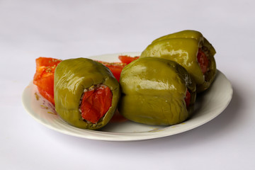 Turkish style stuffed green Pepper / Rice, pine nuts, currants, tomatoes.