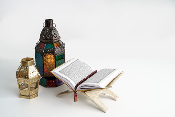 quran arab lantern and pray beads background for eid mubarak celebration