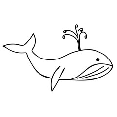 Hand drawn outline black vector illustration of a beautiful happy whale isolated on a white background