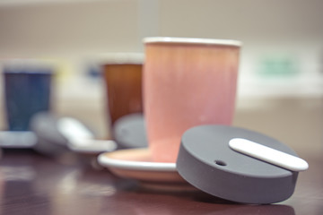 Reduce takeaway coffee cup waste with reusable ceramic coffee cups! Zero waste. Sustainable lifestyle background concept.