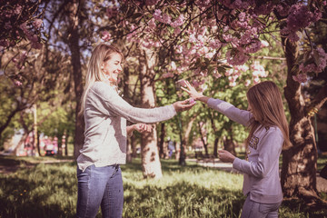 Sakura blossomed. Young mother with her child have fun in the park near the sakura. Spring morning. They look at each other