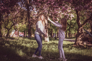 Fototapeta premium Sakura blossomed. Young mother with her child have fun in the park near the sakura. Spring morning. They look at each other