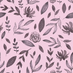 Watercolor pink grey floral seamless pattern with flowers and leaves