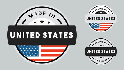 Made in United States collection of ribbon, label, stickers, badge, icon and page curl with United States flag symbol. 