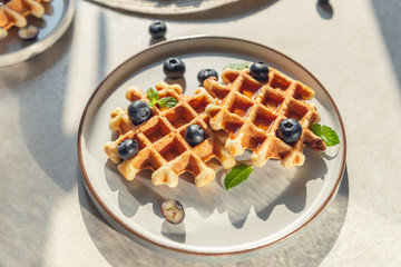 Homemade vanilla waffles with chocolate chunks and fersh blueberries, perfect family breakfast