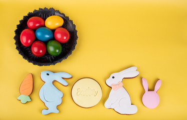 Obraz premium Cute Easter bunny desserts, Easter painted eggs, Authentic Easter Brunch.